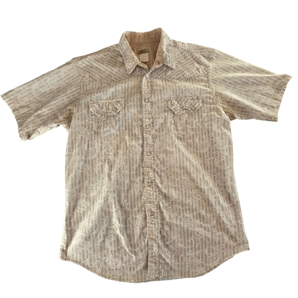 Vintage‎ Express Rider Mens Large Short Sleeve Western Snap Shirt Tan Cotton 90s